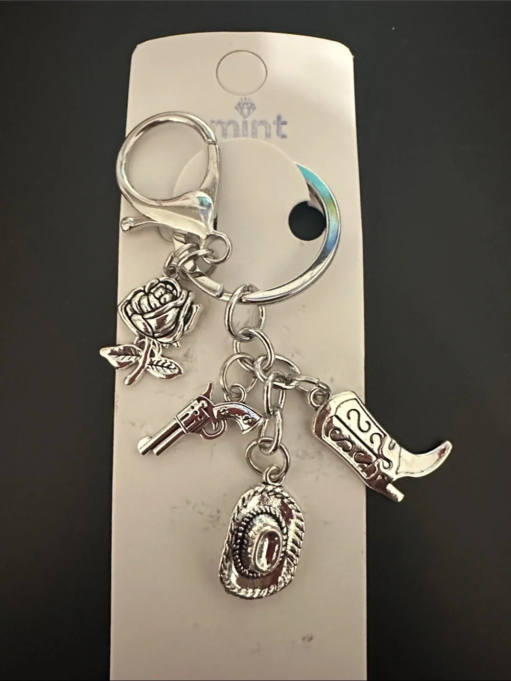 Mint Silver Western Charm Keychain with Rose, Boot, Hat & Gun Charms